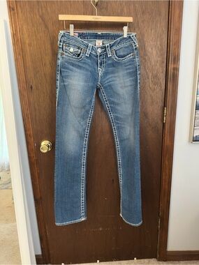 True Religion Ricky Jeans Medium Wash Straight Leg jeans with faceted buttons